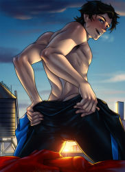 Rule 34 | 2boys, ass, batman (series), black hair, bludwing, blue eyes, blush, bulge, dc comics, dick grayson, highres, kid flash, looking at viewer, male focus, multiple boys, muscular, naughty face, nightwing, outdoors, penis, pov, robin (dc), smile, undressing, wally west, yaoi