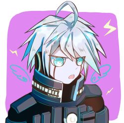 Rule 34 | 1boy, absurdres, ahoge, android, danganronpa (series), highres, k1-b0, male focus, mecha, danganronpa v3: killing harmony, open mouth, power frame, robot, short hair, silver hair, simple background, solo, wings