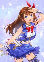 Rule 34 | 1girl, aiguillette, arm at side, blue eyes, blue ribbon, blue skirt, blue vest, bow, bowtie, bracelet, brown hair, chain, choppy bangs, collared shirt, corset, cropped shirt, cropped vest, diamond hair ornament, frilled cuffs, frills, gold chain, gold trim, hair ornament, hair ribbon, hairclip, hand up, highres, hololive, idol, jewelry, lace, lace-trimmed skirt, lace trim, leg ribbon, long hair, looking at viewer, miniskirt, navel, neck ribbon, omatsu (omatsusan), open mouth, pleated skirt, red bow, red bowtie, red ribbon, ribbon, shading eyes, shirt, skirt, sleeveless, sleeveless shirt, solo, teeth, thigh ribbon, thighhighs, tokino sora, tokino sora (1st costume), underbust, upper teeth only, vest, virtual youtuber, waist cape, white shirt, wrist cuffs, zettai ryouiki