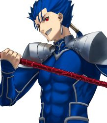 Rule 34 | 1boy, abs, armor, blue bodysuit, blue hair, bodysuit, commentary request, cu chulainn (fate), earrings, fate/grand order, fate/stay night, fate (series), gae bolg (fate), grin, hand up, holding, holding weapon, jewelry, lance, cu chulainn (fate/stay night), long hair, long sleeves, looking at viewer, male focus, polearm, ponytail, red eyes, shoulder armor, simple background, sleeves past wrists, smile, solo, pauldrons, upper body, weapon, white background, zonotaida