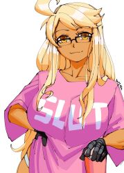 1girl 3amsoda alma_armas artist_name blonde_hair bottomless breasts brown_eyes collarbone cowboy_shot cup dark-skinned_female dark_skin glasses hand_on_own_hip large_breasts long_hair looking_at_viewer pink_shirt shirt simple_background smile solo va-11_hall-a