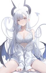 Rule 34 | 1girl, black horns, blue eyes, bra, breasts, cleavage, commentary, demon girl, demon tail, demon wings, fingernails, highres, horns, large breasts, long hair, long sleeves, looking at viewer, nail polish, nekojira, off-shoulder shirt, off shoulder, original, parted lips, red nails, shirt, simple background, sitting, sleeves past wrists, solo, symbol-only commentary, tail, thea (nekojira), thighs, underwear, very long hair, white background, white bra, white hair, white shirt, wings