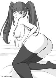 Rule 34 | 1girl, absurdres, ass, ass focus, black panties, bleach, blush, breasts, dokugamine riruka, greyscale, highres, large breasts, long hair, looking at viewer, looking back, mistowing, monochrome, no bra, panties, shirt, simple background, solo, sweat, thighs, twintails, underwear, wide hips