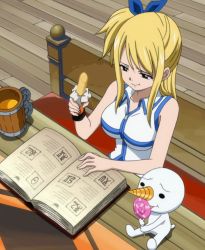 Rule 34 | book, breasts, cup, eating, fairy tail, frown, highres, large breasts, lucy heartfilia, mug, open book, plue, reading, screencap, side ponytail, stitched, third-party edit