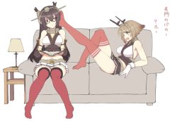 Rule 34 | 10s, 2girls, bare shoulders, bespectacled, black-framed eyewear, black hair, book, breasts, brown eyes, brown hair, couch, elbow gloves, foot on head, glasses, gloves, headgear, kantai collection, large breasts, long hair, md5 mismatch, multiple girls, mutsu (kancolle), nagato (kancolle), nakadori (movgnsk), no shoes, open book, open mouth, panties, reading, red eyes, red legwear, resized, sitting, skirt, thighhighs, underwear, white gloves
