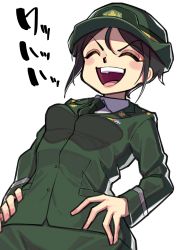 Rule 34 | 1girl, :d, absurdres, black hair, black necktie, chouno ami, closed eyes, dress shirt, facing viewer, female service cap, girls und panzer, green hat, green jacket, green skirt, hands on own hips, hat, highres, jacket, long sleeves, military, military hat, military uniform, nakachiruno, necktie, open mouth, pencil skirt, shirt, short hair, simple background, skirt, smile, solo, swept bangs, translated, uniform, v-shaped eyebrows, white background, wing collar