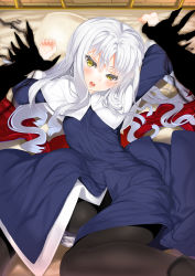 Rule 34 | 1girl, angra mainyu (fate), arms up, blush, caren hortensia, char, dress, fate/hollow ataraxia, fate (series), highres, imminent rape, long hair, lying, on back, open mouth, pantyhose, restrained, shouting, silver hair, solo focus