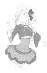 Rule 34 | 1girl, belt, blue archive, blush, buttons, cropped jacket, cropped legs, double-breasted, greyscale, halo, hand up, high-waist skirt, highres, kona ming, long hair, looking to the side, monochrome, mutsuki (blue archive), neck ribbon, open mouth, outstretched arm, ribbon, shirt, shirt tucked in, side ponytail, sketch, skirt, smile, solo, sparkle, teeth