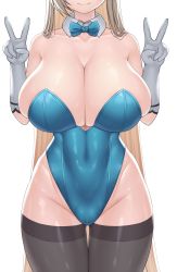 Rule 34 | 1girl, asamura hiori, asuna (blue archive), asuna (bunny) (blue archive), bare shoulders, black thighhighs, blonde hair, blue archive, blue leotard, bow, bowtie, breasts, cameltoe, cleavage, closed mouth, collarbone, commentary, covered navel, detached collar, double v, gloves, groin, hands up, head out of frame, highleg, highleg leotard, highres, hip bones, huge breasts, legs together, leotard, long hair, official alternate costume, playboy bunny, skindentation, smile, solo, strapless, strapless leotard, thigh gap, thighhighs, thighs, v, very long hair, white gloves