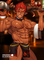 Rule 34 | 1boy, abs, arkapami, bara, bulge, chest tattoo, collarbone, dark-skinned male, dark skin, horns, ifrit (housamo), male focus, muscular, nipples, orange eyes, pectorals, pointy ears, red hair, solo, spiked hair, tattoo, thick thighs, thighs, tokyo houkago summoners, tray, upper body