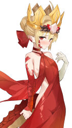 1girl absurdres ahoge backless_dress backless_outfit bare_shoulders blonde_hair blush braid breasts crown dragon_tail dress elbow_gloves facial_mark fate/grand_order fate_(series) gloves hair_bun hair_intakes hair_ribbon highres looking_at_viewer medium_hair nero_claudius_(fate) nero_claudius_(fate)_(all) pointy_ears queen_draco_(fate) queen_draco_(first_ascension)_(fate) rakugaki_ningen red_dress red_eyes red_ribbon ribbon scales single_glove small_breasts solo tail white_gloves