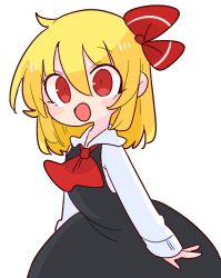 Rule 34 | 1girl, :d, ascot, black vest, blonde hair, hair between eyes, highres, looking at viewer, op na yarou, open mouth, red ascot, red eyes, rumia, shirt, short hair, simple background, smile, solo, touhou, vest, white background