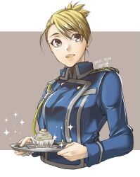 Rule 34 | 1girl, artist name, blonde hair, blue jacket, breasts, brown background, cropped torso, cupcake, dated, earrings, food, fullmetal alchemist, grey eyes, hair between eyes, hair up, highres, holding, holding plate, jacket, jewelry, letterboxed, long sleeves, medium breasts, military, military jacket, military uniform, mont blanc (food), open mouth, plate, riza hawkeye, smile, solo, sparkle, takehide, uniform, upper body