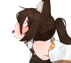 Rule 34 | 1girl, animal ear fluff, animal ears, bare shoulders, blush, breasts, brown dress, brown hair, choker, cropped torso, detached sleeves, dress, flasso, fox ears, fox girl, from side, gold trim, hair between eyes, honkai: star rail, honkai (series), implied orgasm, long hair, open mouth, ponytail, sideboob, sidelocks, solo, surprised, sweatdrop, tingyun (honkai: star rail), tongue, tongue out, white background, white choker, white sleeves, wide-eyed