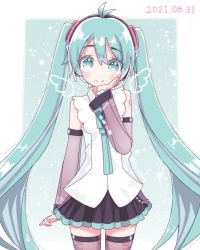 Rule 34 | 1girl, aegissanp, ahoge, angel wings, arms up, blue eyes, blue hair, blush stickers, collared shirt, dated, detached sleeves, hair ornament, hand on own cheek, hand on own face, hatsune miku, hatsune miku (nt), headphones, highres, long hair, long sleeves, looking at viewer, necktie, pleated skirt, see-through, see-through sleeves, shirt, skirt, sleeveless, sleeveless shirt, smile, solo, thighhighs, twintails, very long hair, vocaloid, wings