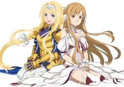 Rule 34 | 2girls, :d, alice zuberg, armor, armored dress, asuna (stacia), blonde hair, blue eyes, bow, braid, braided ponytail, breastplate, brown eyes, brown hair, cleaned, closed mouth, clothing cutout, detached collar, dress, floating hair, french braid, full body, gauntlets, gold armor, hair bow, hair intakes, hairband, half updo, highres, long hair, looking at viewer, multiple girls, official art, open mouth, pauldrons, ponytail, red legwear, ribbon, short dress, shoulder armor, shoulder cutout, simple background, sitting, smile, sword art online, sword art online: alicization, thighhighs, thighs, very long hair, white armor, white background, white bow, white dress, white hairband, white ribbon, wrist cuffs