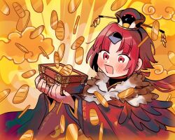 Rule 34 | 1girl, benienma (fate), bird, bird hat, blush, box, coin, fate/grand order, fate (series), feather trim, fingernails, gold coin, holding, holding box, japanese clothes, kimono, long hair, low ponytail, oneroom-disco, open mouth, parted bangs, ponytail, red eyes, red hair, red kimono, solo, sparrow, surprised, wide sleeves, yellow background
