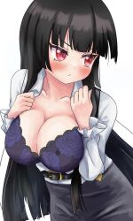 Rule 34 | 1girl, absurdres, atre, black bra, black hair, blush, bra, breasts, cleavage, frilled bra, frills, highres, jashin-chan dropkick, large breasts, lingerie, long hair, red eyes, solo, underwear, user meax8788