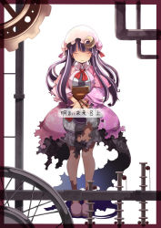 Rule 34 | 1girl, book, bracelet, crescent, closed eyes, gears, jewelry, long hair, patchouli knowledge, purple hair, ribbon, shadow, smile, touhou, uni mate