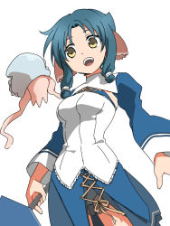 Rule 34 | 1girl, animal ears, aquaplus, atuy, blue hair, breasts, cowboy shot, dress, frilled dress, frills, from below, highres, holding, holding polearm, holding spear, holding weapon, jellyfish, kurarin (utawarerumono), long sleeves, looking at another, medium breasts, mmsyuma, open mouth, parted bangs, polearm, raised eyebrows, see-through, see-through dress, short hair with long locks, sidelocks, spear, standing, teeth, thighs, tongue, utawarerumono, utawarerumono: itsuwari no kamen, utawarerumono: lost flag, weapon, wide sleeves, yellow eyes