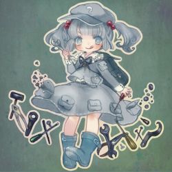 Rule 34 | 1girl, adjustable wrench, bad id, bad pixiv id, blue eyes, blue hair, blush, boots, hair bobbles, hair ornament, hat, kawashiro nitori, long sleeves, matching hair/eyes, pocket, screw, screwdriver, short hair, skirt, smile, solo, touhou, twintails, two side up, wrench, yujup
