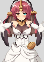 Rule 34 | 1girl, :o, bare shoulders, black veil, blue eyes, blush, breasts, cleavage, collarbone, commentary request, cowboy shot, dress, elbow gloves, fate/apocrypha, fate (series), flower, frankenstein&#039;s monster (fate), gloves, grey background, hair flower, hair ornament, headgear, heterochromia, horns, incoming hug, looking at viewer, nishimura pn, outstretched arms, pink hair, rose, see-through, see-through cleavage, short hair, simple background, single horn, sleeveless, sleeveless dress, small breasts, solo, veil, white dress, white flower, white gloves, white rose, yellow eyes