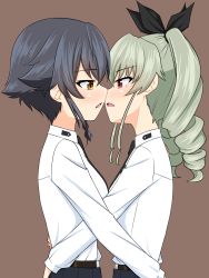 Rule 34 | 2girls, anchovy (girls und panzer), anzio school uniform, bad id, bad pixiv id, black hair, blush, braid, breasts, brown background, brown eyes, drill hair, eyebrows, female focus, girls und panzer, green hair, hair ornament, hair ribbon, highres, hug, imminent kiss, looking at another, medium breasts, medium hair, monochrome background, multiple girls, open mouth, pepperoni (girls und panzer), red eyes, ribbon, ruka (piyopiyopu), school uniform, short hair, simple background, twintails, yuri