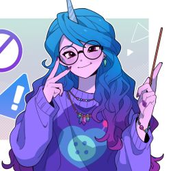 Rule 34 | 1girl, bracelet, dcon 34, earrings, glasses, highres, horns, izzy moonbow, jewelry, long hair, looking at viewer, multicolored hair, my little pony, my little pony: equestria girls, my little pony: friendship is magic, nail polish, necklace, personification, purple sweater, single earring, single horn, smile, solo, streaked hair, sweater, v