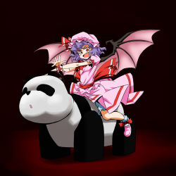 Rule 34 | 1girl, :d, bad id, bad pixiv id, bloomers, bow, dress, female focus, gradient background, hat, hop-step-jump, large bow, open mouth, panda, purple hair, red eyes, remilia scarlet, shoes, sitting, smile, solo, steering wheel, touhou, underwear, wings, wrist cuffs