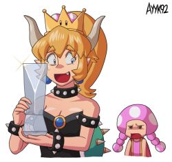 Rule 34 | 2girls, annoyed, artist name, ayyk92, bare shoulders, black dress, black eyes, blonde hair, blue eyes, bowsette, bracelet, breasts, choker, cleavage, crown, dress, earrings, fang, female focus, glint, half-closed eyes, hands up, happy, holding, horns, jewelry, looking at another, looking back, mario (series), medium breasts, multiple girls, new super mario bros. u deluxe, nintendo, open mouth, pink shirt, pink vest, pixiv trophy, ponytail, shirt, signature, simple background, sleeveless, sleeveless shirt, smile, spiked bracelet, spiked choker, spikes, strapless, strapless dress, super crown, sweat, toadette, trophy, upper body, vest, white background