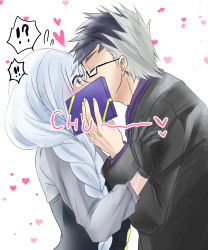 Rule 34 | !, !!, !?, 1boy, 1girl, black gloves, black hair, blue hair, blush, box, braid, brynhildr (fate), commentary request, contemporary, couple, fate/grand order, fate (series), formal, gift, gift box, glasses, gloves, grey hair, hair over shoulder, heart, hetero, highres, holding, holding box, kiss, long braid, long hair, looking at another, multicolored hair, nanashi (toku meiko), purple eyes, semi-rimless eyewear, sigurd (fate), single braid, suit, surprise kiss, surprised, two-tone hair, under-rim eyewear, very long hair, white background, wide-eyed