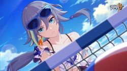 Rule 34 | 1girl, absurdres, artist request, ball, bare shoulders, bikini, black hair, blue eyes, blue sky, cloud, cloudy sky, earrings, eyewear on head, female focus, frilled bikini, frills, fu hua, hair between eyes, highres, honkai (series), honkai impact 3rd, jewelry, long hair, looking at viewer, official art, open mouth, outdoors, playing sports, single earring, sky, solo, sunglasses, swimsuit, volleyball, volleyball (object), volleyball net, white bikini