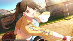 Rule 34 | 1girl, artist request, baseball glove, blush, breasts, brown eyes, brown hair, collarbone, commentary request, grass, hair ornament, hairclip, highres, idolmaster, idolmaster shiny colors, jacket, kuwayama chiyuki, large breasts, long hair, looking at viewer, official alternate hairstyle, official art, open mouth, outdoors, playing sports, ponytail, shirt, solo, sunset, sweat, swept bangs, tareme, teeth, throwing, track jacket, upper teeth only, wristband