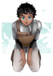 Rule 34 | 1boy, armor, black hair, blue background, blue eyes, boots, brown footwear, chainmail, curly hair, dark-skinned male, dark skin, dungeon meshi, fingernails, from above, full body, grey pants, hands on own thighs, highres, kabru, kneehighs, leather armor, looking at viewer, male focus, negri, open mouth, pants, pauldrons, plate armor, short hair, shoulder armor, single pauldron, smile, socks, solo, star (symbol), white background