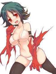 Rule 34 | 1girl, bikini, black thighhighs, bloodghast, blush, breasts, cleavage, fang, gender request, genderswap, gloves, green hair, large breasts, magic: the gathering, navel, oshiruko (tsume), personification, red eyes, smile, solo, swimsuit, thighhighs, torn clothes