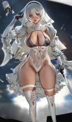 Rule 34 | 1girl, 2b (nier:automata), artist name, bikini, bikini top only, black bikini, black gloves, breasts, bridal veil, bride, bright pupils, cleavage, cleavage cutout, clothing cutout, dress, drone, elbow gloves, floating, gloves, gluteal fold, grey eyes, hair between eyes, high-low skirt, highleg, highleg leotard, highres, holding, holding sword, holding weapon, katana, large breasts, leotard, mole, mole under mouth, nier:automata, nier (series), non-humanoid robot, pod (nier:automata), puffy sleeves, rached, ribbon, robot, science fiction, see-through, short hair, skirt, solo, swimsuit, sword, thigh strap, thighhighs, thighs, two-tone gloves, veil, virtuous contract, weapon, wedding dress, white hair, white leotard, white pupils, white ribbon, white skirt, white thighhighs