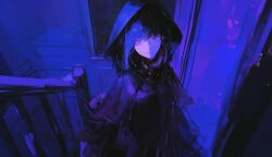 Rule 34 | 1girl, 96yottea, absurdres, black dress, black hair, black hood, closed mouth, dress, highres, hooded dress, indoors, limited palette, looking at viewer, original, purple eyes, purple theme, solo, standing