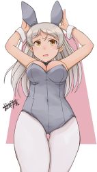 Rule 34 | 1girl, animal ears, breasts, conte di cavour (kancolle), fake animal ears, feet out of frame, grey leotard, grey pantyhose, highres, kantai collection, large breasts, leotard, long hair, osamada meika, pantyhose, playboy bunny, rabbit ears, signature, silver hair, solo, strapless, strapless leotard, wrist cuffs, yellow eyes