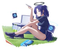 Rule 34 | 1girl, absurdres, aqua jacket, ass, bare arms, bare legs, black footwear, black halo, black shirt, bloomers, blue archive, blue buruma, blue halo, bottle, breasts, buruma, commentary request, cooler, drone, facepaint, from side, full body, gaoqiaoyuyin takahashi, grass, hair intakes, half updo, halo, hand on own leg, hand up, head tilt, highres, holding, holding phone, jacket, knee up, lanyard, legs, long hair, looking at viewer, medium breasts, official alternate costume, on ground, outdoors, parted bangs, phone, purple hair, shade, shadow, shirt, shoes, short sleeves, sidelocks, sitting, sneakers, solo, star (symbol), striped clothes, striped jacket, sweat, swept bangs, thick thighs, thighs, track jacket, two-tone halo, underwear, very long hair, water bottle, white background, wide sleeves, yuuka (blue archive), yuuka (track) (blue archive)