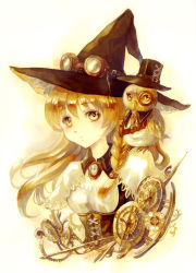 Rule 34 | 1girl, alternate costume, bad id, bad pixiv id, blonde hair, braid, clock, color ink (medium), corset, gears, goggles, goggles on headwear, hat, holster, keiko (mitakarawa), key, kirisame marisa, long hair, looking at viewer, monocle, pocket watch, solo, steampunk, top hat, touhou, traditional media, watch, witch hat, yellow eyes
