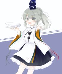 Rule 34 | 1girl, arm up, black neckwear, blue hat, blue skirt, blush, eyes visible through hair, grey eyes, grey hair, hair between eyes, hands up, hat, highres, japanese clothes, kariginu, long sleeves, looking at viewer, medium hair, mononobe no futo, multicolored background, open mouth, plate, pom pom (clothes), ponytail, purple background, shirt, skirt, smile, solo, standing, touhou, umi (nana spring), white background, white shirt, white sleeves, wide sleeves