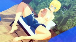 Rule 34 | 1girl, 3d, artist request, blonde hair, blue eyes, blue male swimwear, blue sky, blue swim trunks, blurry, blurry background, blush, breasts, character request, closed mouth, cloud, custom maid 3d 2, day, exhibitionism, feet, female focus, highres, holding, looking at viewer, male swimwear, male swimwear challenge, multicolored male swimwear, multicolored swim trunks, nipples, original, outdoors, pool, print male swimwear, print swim trunks, public indecency, short hair, sitting, sky, small breasts, solo, spread legs, striped, striped male swimwear, striped swim trunks, swim trunks, swimsuit, tagme, topless, water