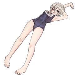 1girl :d aa211108 arm_behind_head arm_up armpits barefoot blue_one-piece_swimsuit blush breasts covered_navel dutch_angle eyelashes full_body grey_hair idolmaster idolmaster_cinderella_girls idolmaster_cinderella_girls_starlight_stage looking_at_viewer medium_breasts name_tag one-piece_swimsuit one_eye_closed open_mouth school_swimsuit shiomi_syuko short_hair sidelocks simple_background smile solo standing stretching swimsuit teeth upper_teeth_only white_background