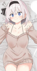 Rule 34 | 1girl, ?, ??, absurdres, alternate costume, bare shoulders, bed sheet, black bow, black hairband, blue eyes, blush, bow, breasts, bright pupils, brown sweater, cleavage, closed mouth, collarbone, commentary request, cowboy shot, daru (kumakumadon), eyes visible through hair, fang, grey hair, hair between eyes, hair bow, hair intakes, hairband, hands up, head on pillow, highres, konpaku youmu, looking at viewer, lying, off-shoulder sweater, off shoulder, on back, oversized clothes, pillow, short hair, skin fang, sleeves past wrists, small breasts, smile, solo, split mouth, surprised, sweatdrop, sweater, thigh gap, touhou, translation request, wide-eyed