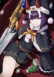 Rule 34 | 1girl, absurdres, bell, black dress, black gloves, black headwear, breasts, dress, eyeliner, fate/grand order, fate (series), gloves, grin, highres, horns, izanaware game, jingle bell, long sleeves, looking at viewer, makeup, oni, purple eyes, purple hair, santa costume, short hair, shuten douji (fate), skin-covered horns, small breasts, smile, solo, sword, weapon