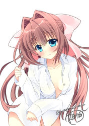 Rule 34 | 1girl, absurdres, artist name, asakura otome, blue eyes, blush, bow, breasts, brown hair, collarbone, da capo, da capo ii, hair between eyes, hair bow, highres, kayura yuka, long hair, looking at viewer, naked shirt, pink bow, shirt, simple background, small breasts, smile, solo, translation request, white background, white shirt