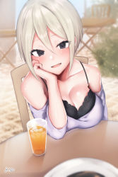 Rule 34 | 1girl, arm at side, bare shoulders, black eyes, blonde hair, blurry, blush, breast rest, breasts, breasts on table, casual, chair, cup, depth of field, drinking glass, drinking straw, earrings, elbow rest, floral print, glass, hair between eyes, head rest, head tilt, highres, idolmaster, idolmaster cinderella girls, idolmaster cinderella girls starlight stage, jewelry, juice, looking at viewer, medium breasts, off-shoulder shirt, off shoulder, open mouth, orange juice, parted bangs, parted lips, rose print, sakiryo kanna, shiny skin, shiomi syuko, shirt, short hair, signature, sitting, solo, table, white shirt