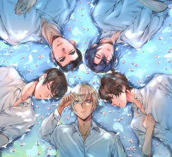 Rule 34 | 5boys, amuro tooru, black hair, blonde hair, blue eyes, brown hair, buttons, circle formation, closed eyes, collarbone, collared shirt, commentary request, date wataru, dreaming182, dress shirt, hagiwara kenji, hair between eyes, hand on own chest, hand up, long sleeves, looking at viewer, lying, male focus, matsuda jinpei, meitantei conan, multiple boys, on back, parted lips, petals, petals on liquid, scotch (meitantei conan), shirt, short hair, sleeping, sleeves rolled up, thick eyebrows, upper body, water, white shirt