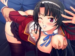 Rule 34 | 1girl, 2boys, against wall, arm grab, ass, bent over, black hair, black pantyhose, blazer, blush, braid, breasts, chikan, chikan kyoushi, clenched teeth, clothed sex, clothes lift, clothes pull, doggystyle, grabbing, grabbing another&#039;s breast, groping, hairband, jacket, large breasts, long hair, midorikawa aoi, multiple boys, nipples, no bra, one eye closed, open clothes, open shirt, panties, panty pull, pantyhose, pantyhose pull, parted bangs, pink eyes, pleated skirt, public indecency, puffy nipples, ribbon, school uniform, sex, sex from behind, shirt, skirt, skirt lift, sweat, teeth, train, train interior, twin braids, underwear, white panties, wince, wink, yoko juusuke