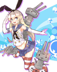 Rule 34 | 10s, 1girl, :3, blonde hair, blue eyes, elbow gloves, gloves, hairband, kanabun, kantai collection, lifebuoy, long hair, navel, open mouth, personification, rensouhou-chan, shimakaze (kancolle), skirt, solo, striped clothes, striped thighhighs, swim ring, thighhighs, white gloves